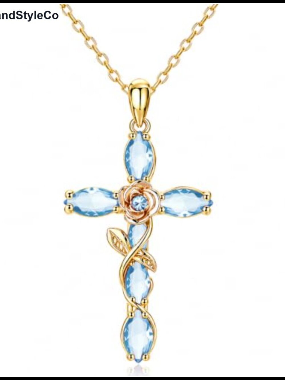 14K Gold Plated Rose Cross Pendant Necklace with Cubic Zirconia, Adjustable